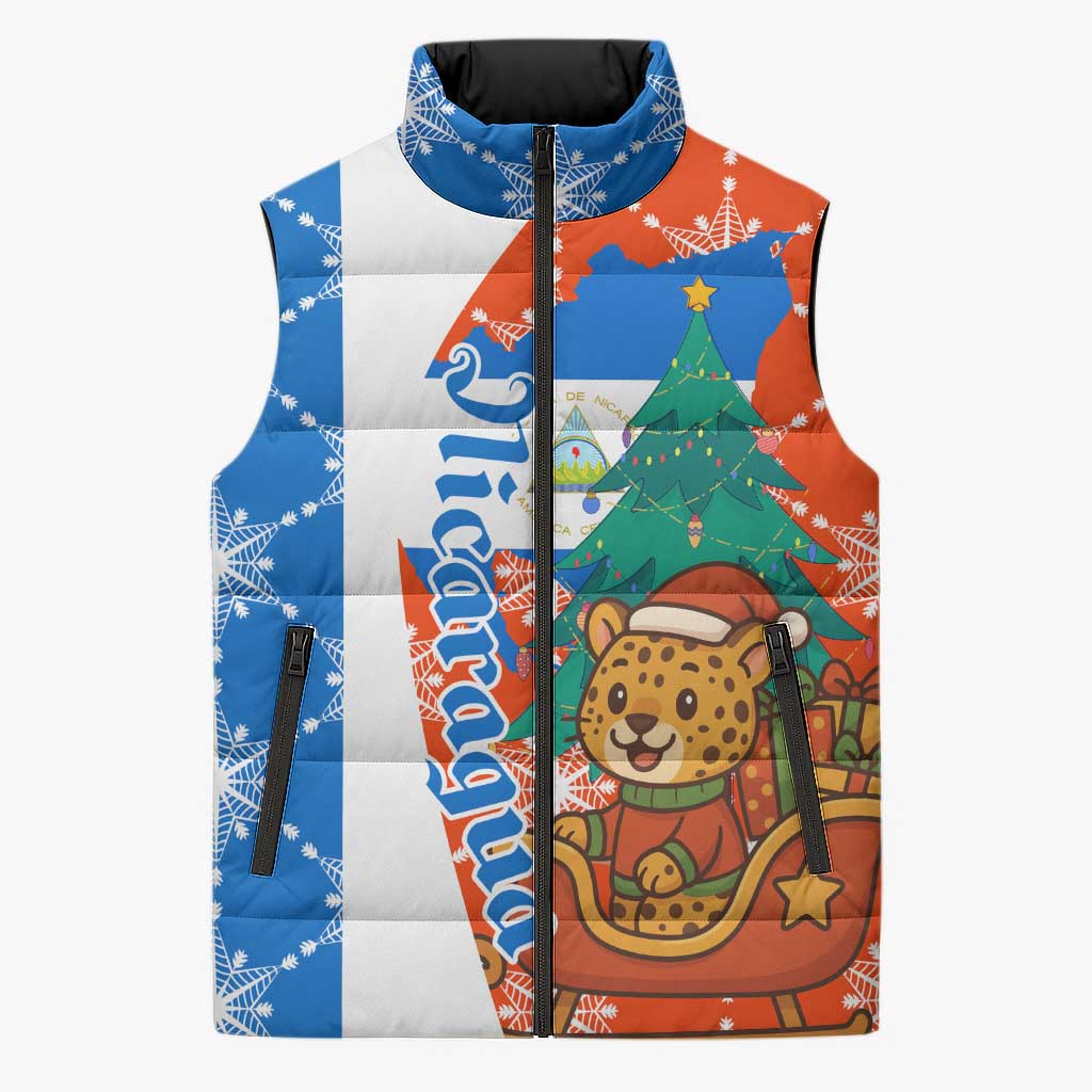 Nicaragua Christmas Sleeveless Puffer Jacket with Jaguar in Sleigh Christmas Tree Snowflakes and Flag Colors Design - Wonder Print Shop