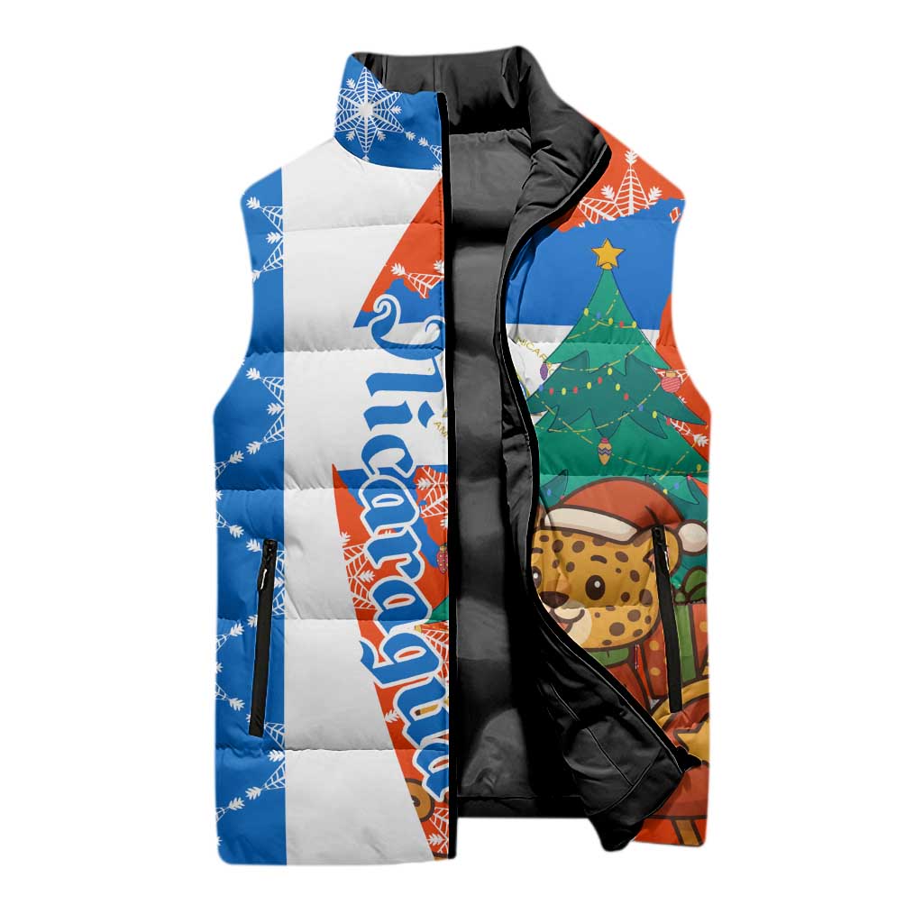 Nicaragua Christmas Sleeveless Puffer Jacket with Jaguar in Sleigh Christmas Tree Snowflakes and Flag Colors Design - Wonder Print Shop
