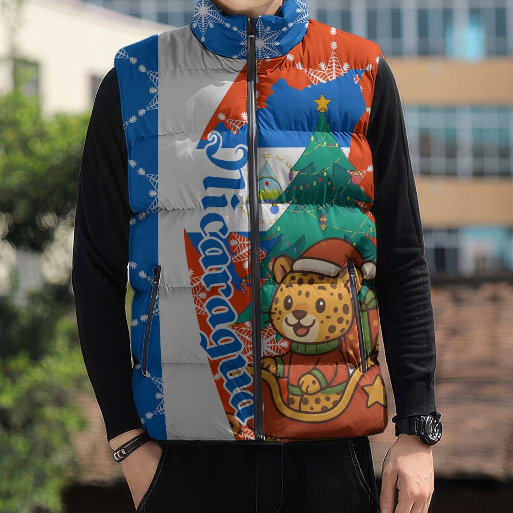 Nicaragua Christmas Sleeveless Puffer Jacket with Jaguar in Sleigh Christmas Tree Snowflakes and Flag Colors Design - Wonder Print Shop