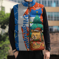Nicaragua Christmas Sleeveless Puffer Jacket with Jaguar in Sleigh Christmas Tree Snowflakes and Flag Colors Design - Wonder Print Shop