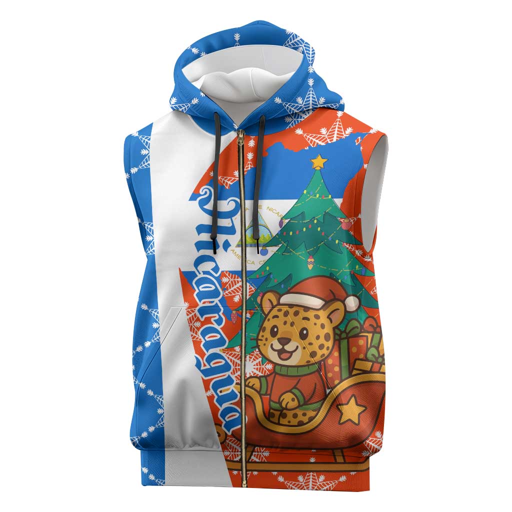 Nicaragua Christmas Sleeveless Zip Hoodie with Jaguar in Sleigh Christmas Tree Snowflakes and Flag Colors Design - Wonder Print Shop