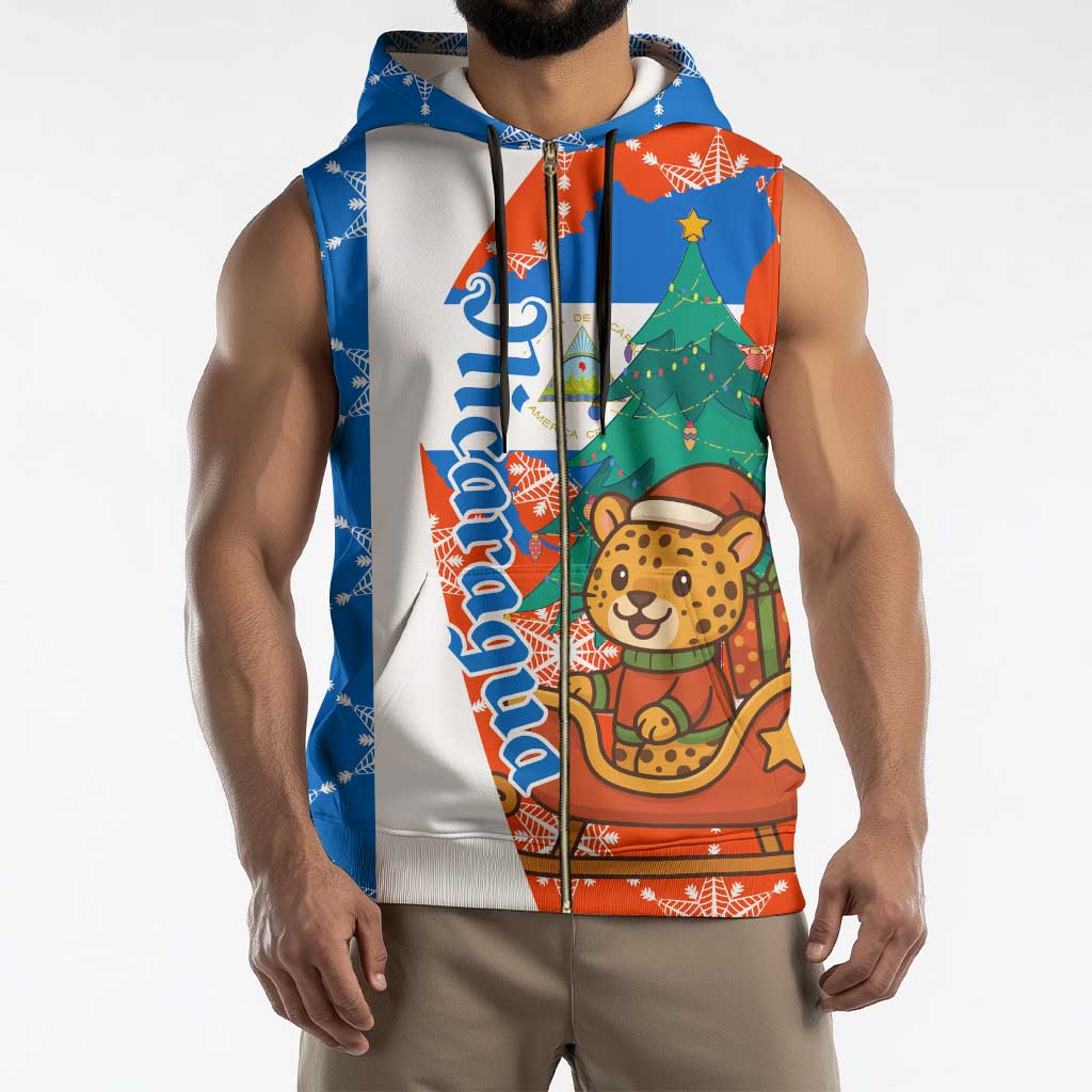 Nicaragua Christmas Sleeveless Zip Hoodie with Jaguar in Sleigh Christmas Tree Snowflakes and Flag Colors Design - Wonder Print Shop