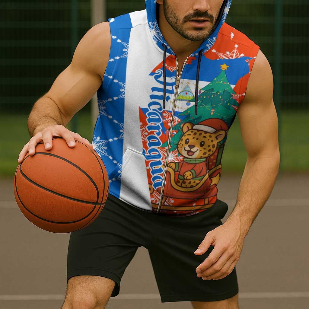 Nicaragua Christmas Sleeveless Zip Hoodie with Jaguar in Sleigh Christmas Tree Snowflakes and Flag Colors Design - Wonder Print Shop