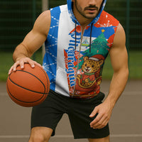 Nicaragua Christmas Sleeveless Zip Hoodie with Jaguar in Sleigh Christmas Tree Snowflakes and Flag Colors Design - Wonder Print Shop