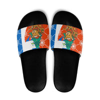 Nicaragua Christmas Slide Sandals with Jaguar in Sleigh Christmas Tree Snowflakes and Flag Colors Design - Wonder Print Shop