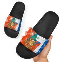 Nicaragua Christmas Slide Sandals with Jaguar in Sleigh Christmas Tree Snowflakes and Flag Colors Design - Wonder Print Shop