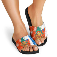 Nicaragua Christmas Slide Sandals with Jaguar in Sleigh Christmas Tree Snowflakes and Flag Colors Design - Wonder Print Shop