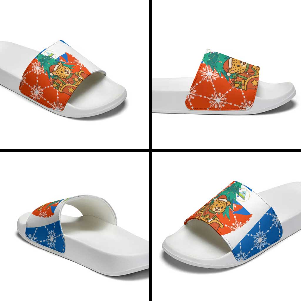 Nicaragua Christmas Slide Sandals with Jaguar in Sleigh Christmas Tree Snowflakes and Flag Colors Design - Wonder Print Shop