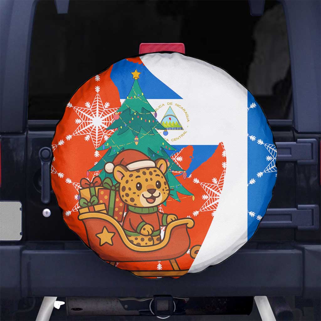 Nicaragua Christmas Spare Tire Cover with Jaguar in Sleigh Christmas Tree Snowflakes and Flag Colors Design - Wonder Print Shop