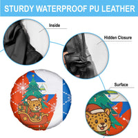 Nicaragua Christmas Spare Tire Cover with Jaguar in Sleigh Christmas Tree Snowflakes and Flag Colors Design - Wonder Print Shop