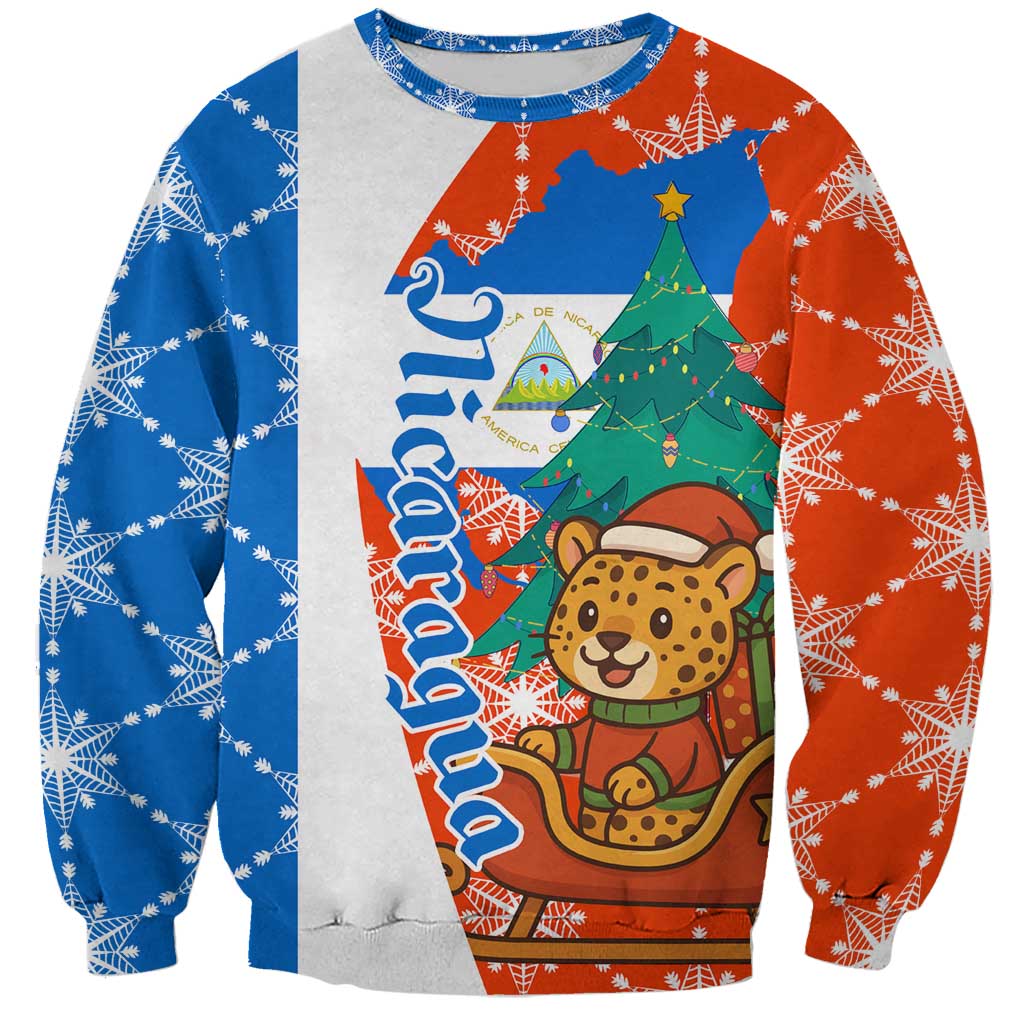 Nicaragua Christmas Sweatshirt with Jaguar in Sleigh Christmas Tree Snowflakes and Flag Colors Design - Wonder Print Shop