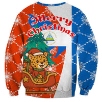 Nicaragua Christmas Sweatshirt with Jaguar in Sleigh Christmas Tree Snowflakes and Flag Colors Design - Wonder Print Shop