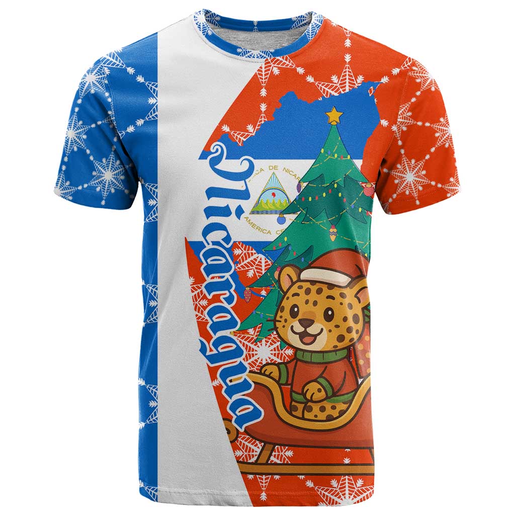 Nicaragua Christmas T Shirt with Jaguar in Sleigh Christmas Tree Snowflakes and Flag Colors Design - Wonder Print Shop