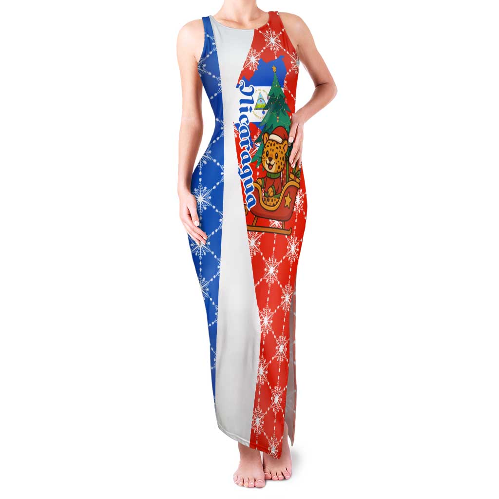 Nicaragua Christmas Tank Maxi Dress with Jaguar in Sleigh Christmas Tree Snowflakes and Flag Colors Design - Wonder Print Shop