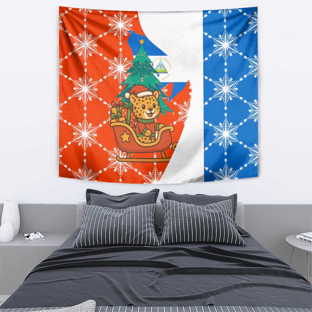 Nicaragua Christmas Tapestry with Jaguar in Sleigh Christmas Tree Snowflakes and Flag Colors Design - Wonder Print Shop