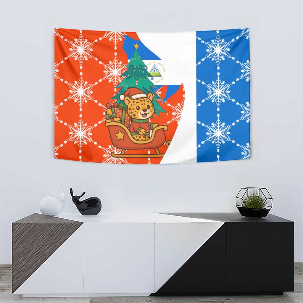 Nicaragua Christmas Tapestry with Jaguar in Sleigh Christmas Tree Snowflakes and Flag Colors Design - Wonder Print Shop