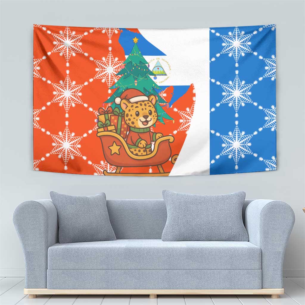 Nicaragua Christmas Tapestry with Jaguar in Sleigh Christmas Tree Snowflakes and Flag Colors Design - Wonder Print Shop