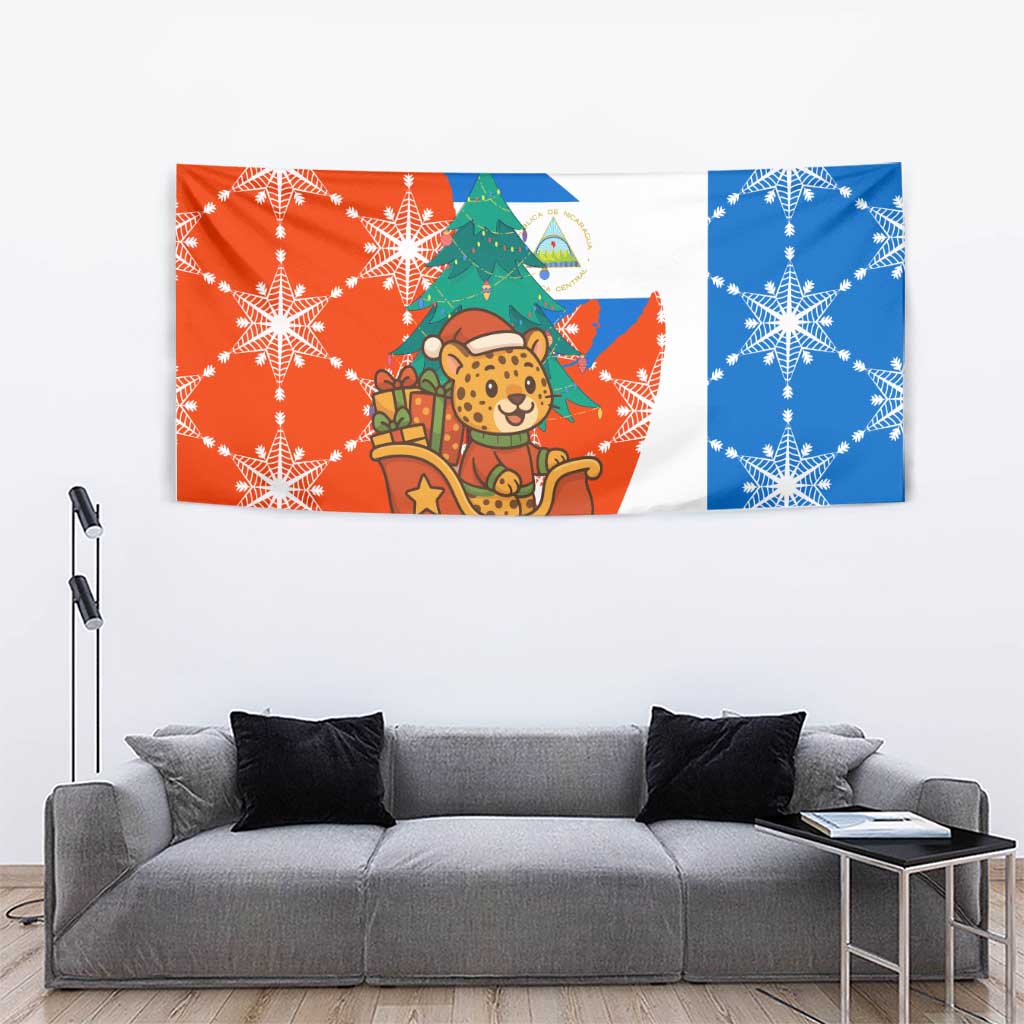 Nicaragua Christmas Tapestry with Jaguar in Sleigh Christmas Tree Snowflakes and Flag Colors Design - Wonder Print Shop