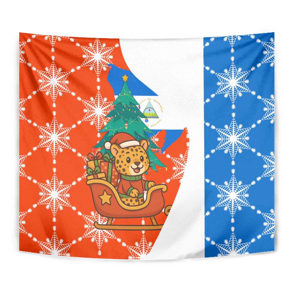 Nicaragua Christmas Tapestry with Jaguar in Sleigh Christmas Tree Snowflakes and Flag Colors Design - Wonder Print Shop
