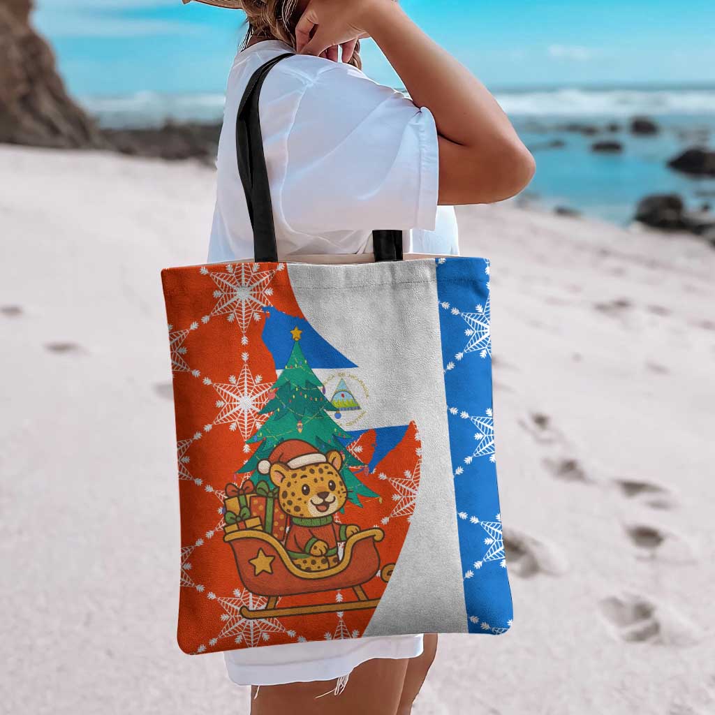 Nicaragua Christmas Tote Bag with Jaguar in Sleigh Christmas Tree Snowflakes and Flag Colors Design - Wonder Print Shop