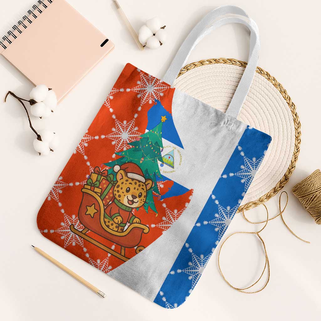 Nicaragua Christmas Tote Bag with Jaguar in Sleigh Christmas Tree Snowflakes and Flag Colors Design - Wonder Print Shop