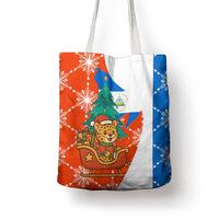 Nicaragua Christmas Tote Bag with Jaguar in Sleigh Christmas Tree Snowflakes and Flag Colors Design - Wonder Print Shop