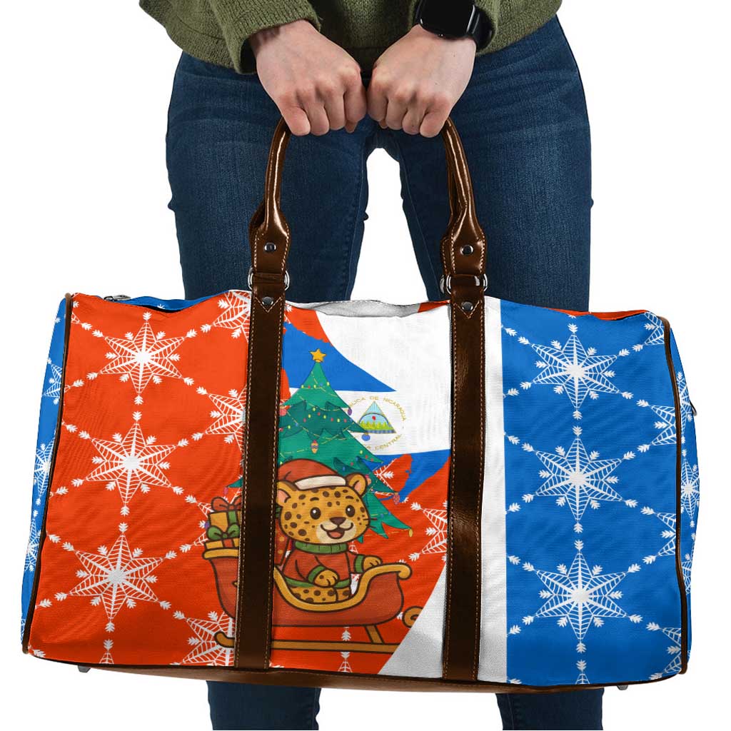 Nicaragua Christmas Travel Bag with Jaguar in Sleigh Christmas Tree Snowflakes and Flag Colors Design - Wonder Print Shop