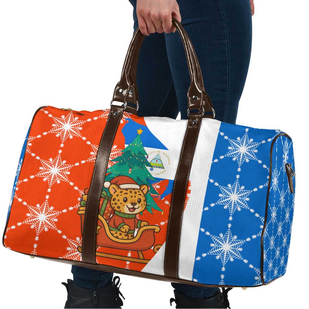 Nicaragua Christmas Travel Bag with Jaguar in Sleigh Christmas Tree Snowflakes and Flag Colors Design - Wonder Print Shop