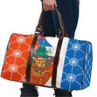 Nicaragua Christmas Travel Bag with Jaguar in Sleigh Christmas Tree Snowflakes and Flag Colors Design - Wonder Print Shop