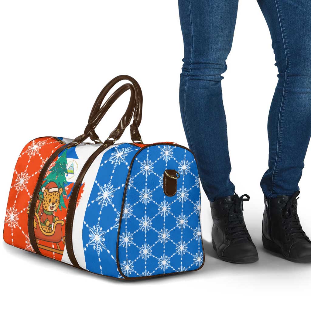 Nicaragua Christmas Travel Bag with Jaguar in Sleigh Christmas Tree Snowflakes and Flag Colors Design - Wonder Print Shop