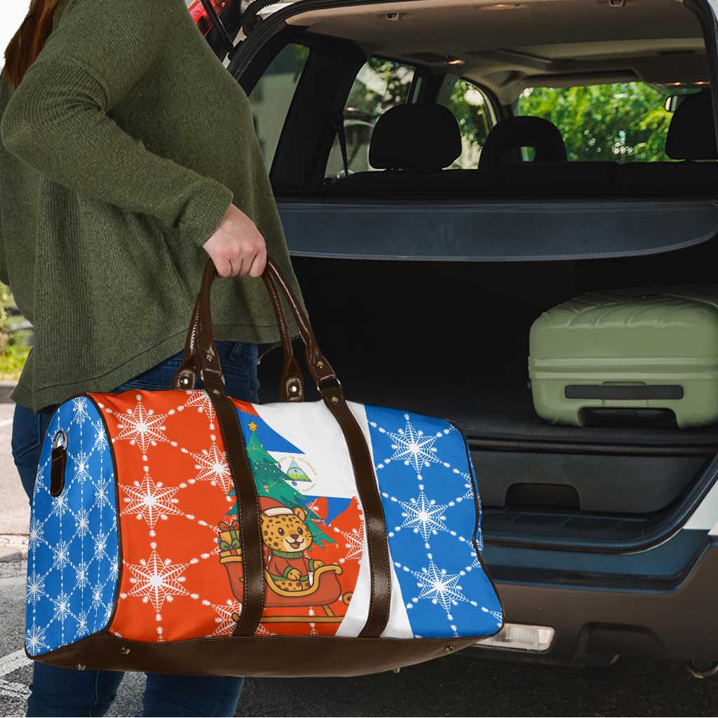 Nicaragua Christmas Travel Bag with Jaguar in Sleigh Christmas Tree Snowflakes and Flag Colors Design - Wonder Print Shop