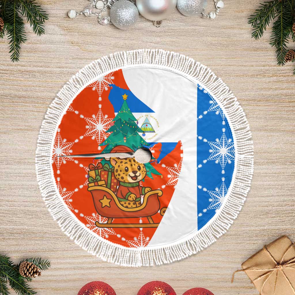 Nicaragua Christmas Tree Skirt with Jaguar in Sleigh Christmas Tree Snowflakes and Flag Colors Design - Wonder Print Shop