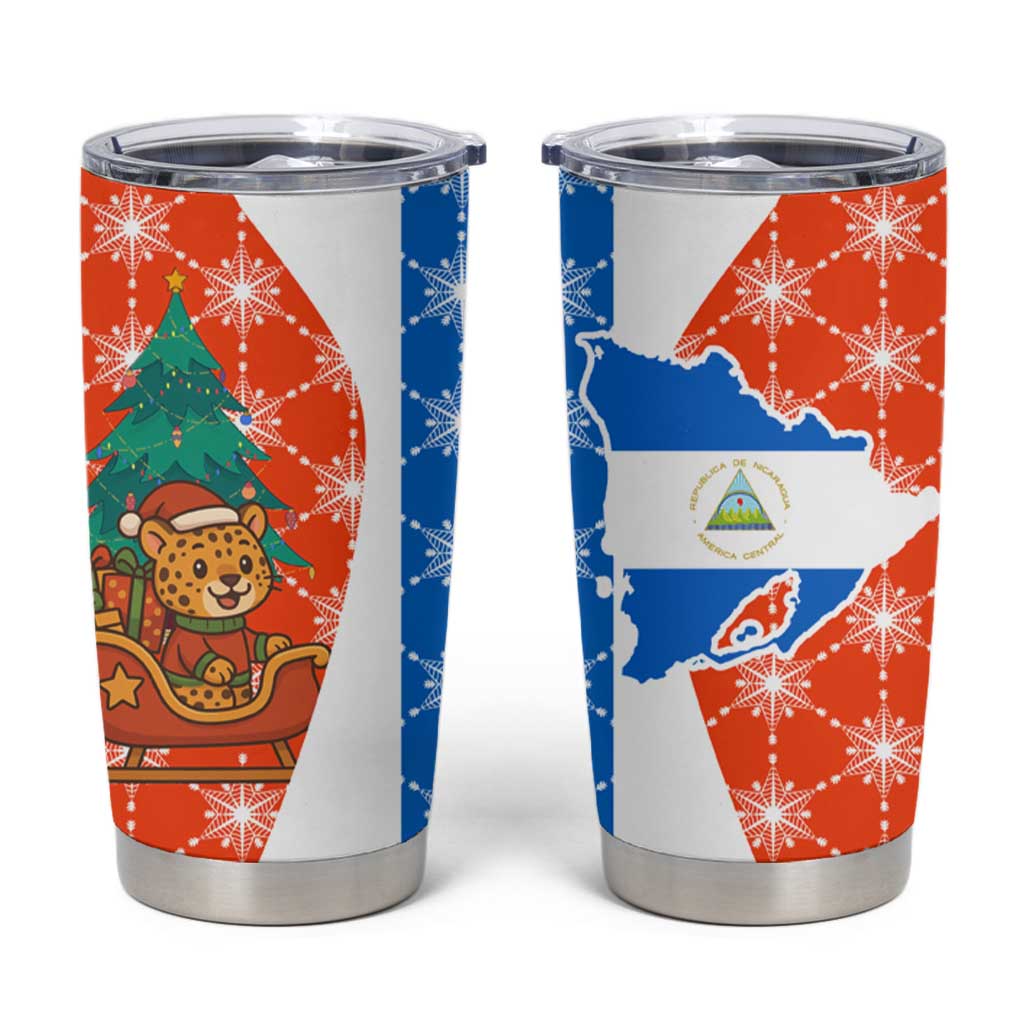Nicaragua Christmas Tumbler Cup with Jaguar in Sleigh Christmas Tree Snowflakes and Flag Colors Design - Wonder Print Shop