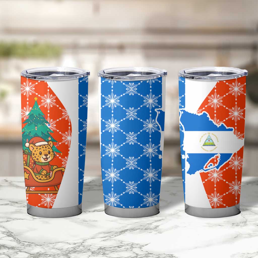 Nicaragua Christmas Tumbler Cup with Jaguar in Sleigh Christmas Tree Snowflakes and Flag Colors Design - Wonder Print Shop