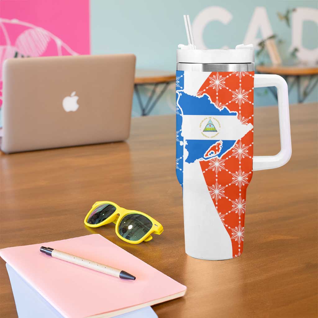 Nicaragua Christmas Tumbler With Handle with Jaguar in Sleigh Christmas Tree Snowflakes and Flag Colors Design - Wonder Print Shop