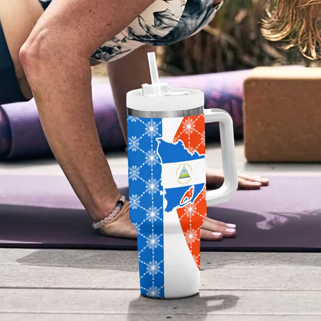 Nicaragua Christmas Tumbler With Handle with Jaguar in Sleigh Christmas Tree Snowflakes and Flag Colors Design - Wonder Print Shop