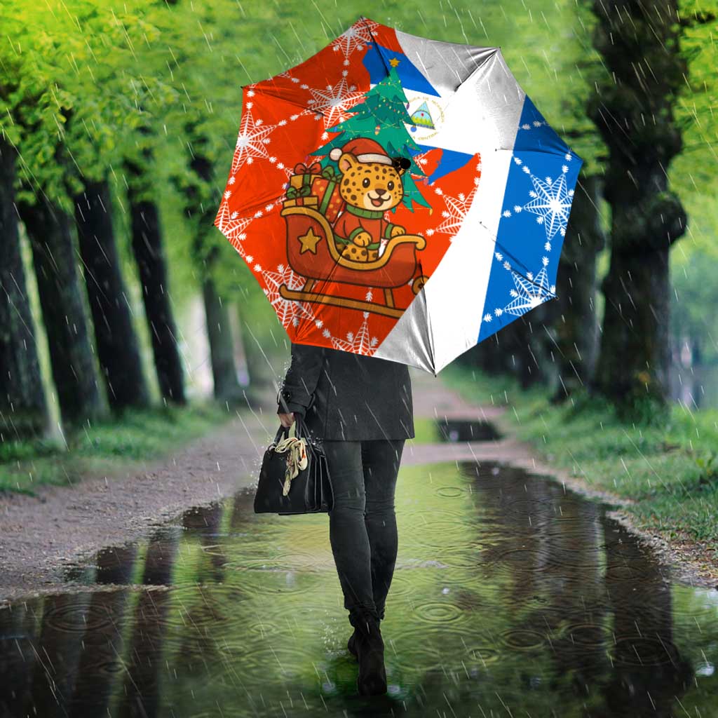 Nicaragua Christmas Umbrella with Jaguar in Sleigh Christmas Tree Snowflakes and Flag Colors Design - Wonder Print Shop