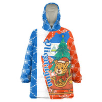 Nicaragua Christmas Wearable Blanket Hoodie with Jaguar in Sleigh Christmas Tree Snowflakes and Flag Colors Design - Wonder Print Shop