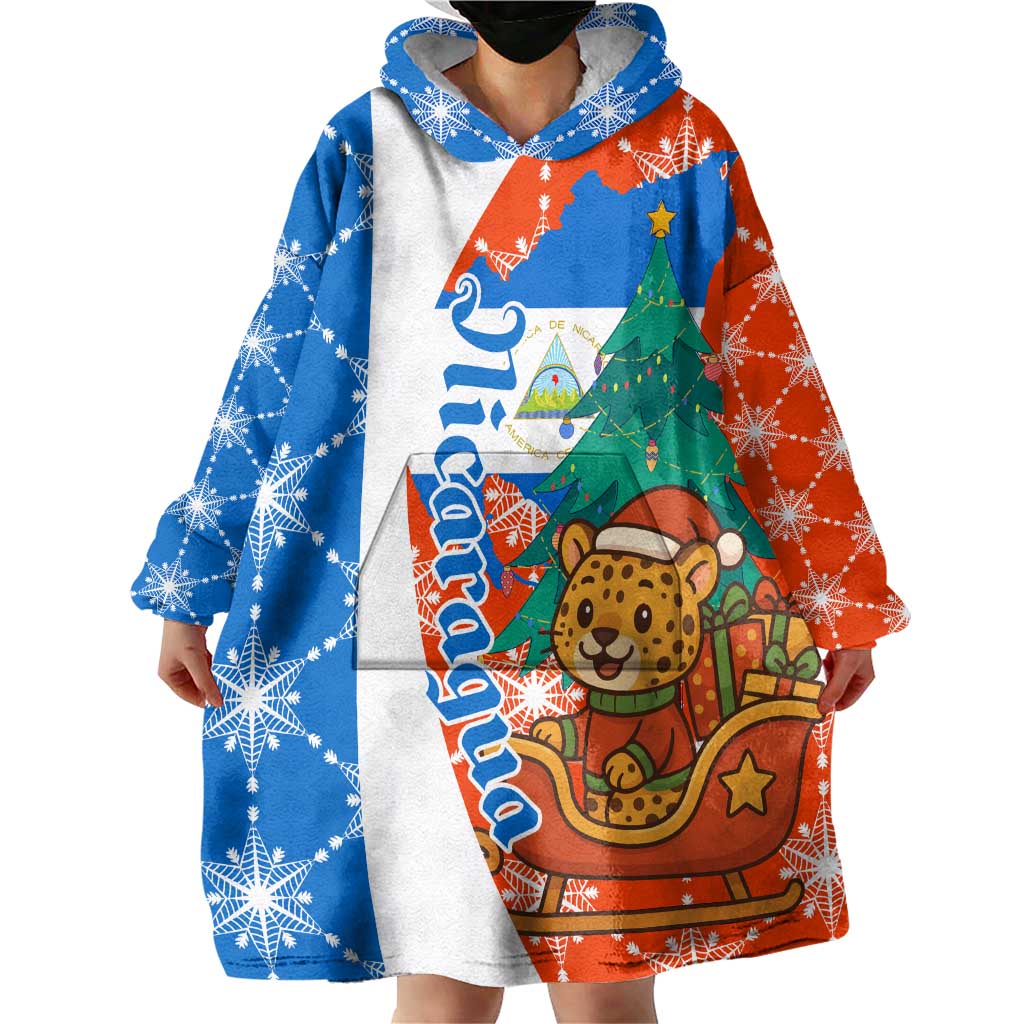 Nicaragua Christmas Wearable Blanket Hoodie with Jaguar in Sleigh Christmas Tree Snowflakes and Flag Colors Design - Wonder Print Shop