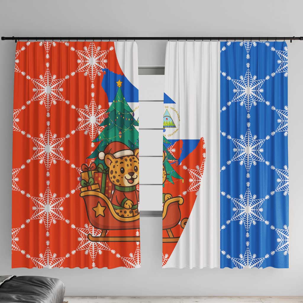 Nicaragua Christmas Window Curtain with Jaguar in Sleigh Christmas Tree Snowflakes and Flag Colors Design - Wonder Print Shop
