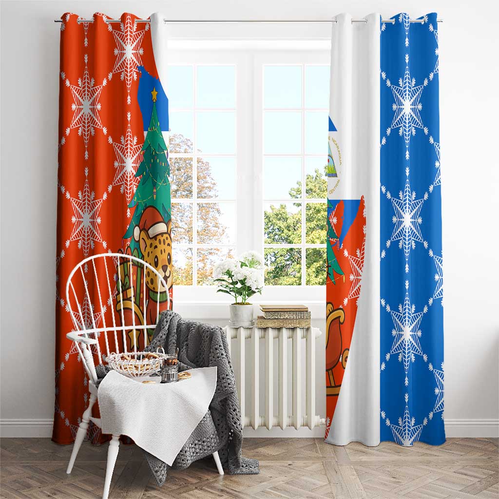 Nicaragua Christmas Window Curtain with Jaguar in Sleigh Christmas Tree Snowflakes and Flag Colors Design - Wonder Print Shop