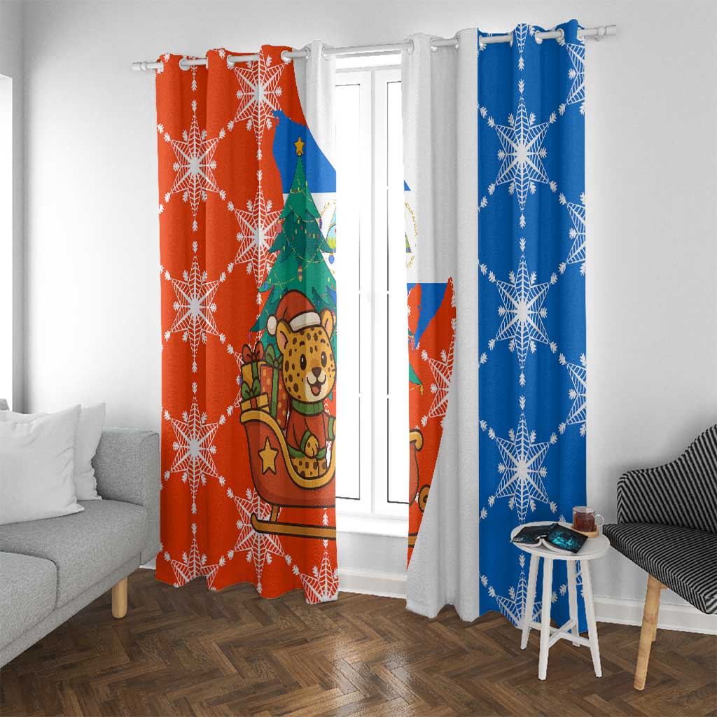 Nicaragua Christmas Window Curtain with Jaguar in Sleigh Christmas Tree Snowflakes and Flag Colors Design - Wonder Print Shop