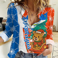 Nicaragua Christmas Women Casual Shirt with Jaguar in Sleigh Christmas Tree Snowflakes and Flag Colors Design - Wonder Print Shop