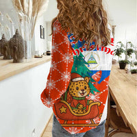 Nicaragua Christmas Women Casual Shirt with Jaguar in Sleigh Christmas Tree Snowflakes and Flag Colors Design - Wonder Print Shop