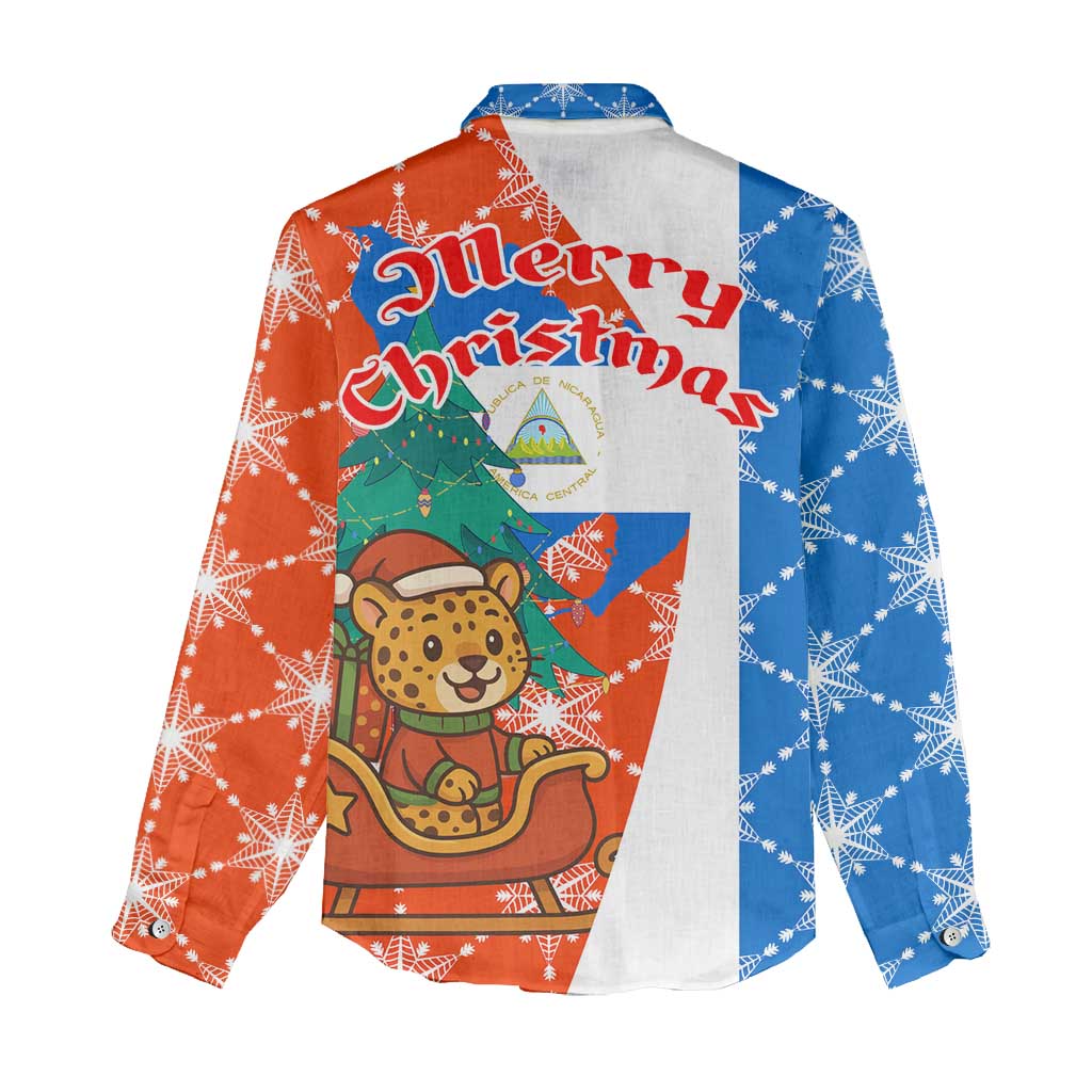 Nicaragua Christmas Women Casual Shirt with Jaguar in Sleigh Christmas Tree Snowflakes and Flag Colors Design - Wonder Print Shop