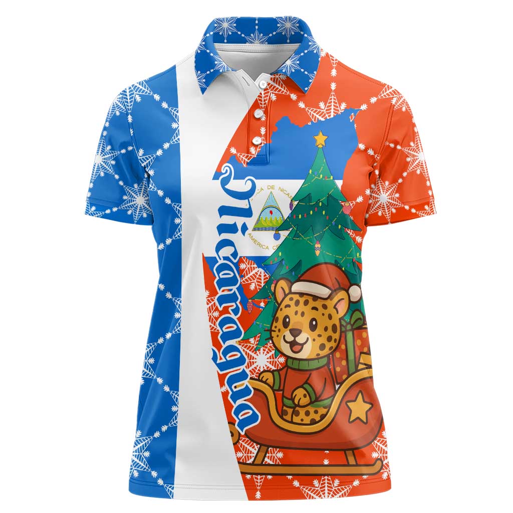 Nicaragua Christmas Women Polo Shirt with Jaguar in Sleigh Christmas Tree Snowflakes and Flag Colors Design - Wonder Print Shop