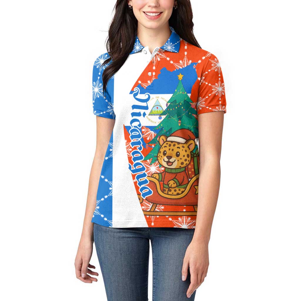 Nicaragua Christmas Women Polo Shirt with Jaguar in Sleigh Christmas Tree Snowflakes and Flag Colors Design - Wonder Print Shop