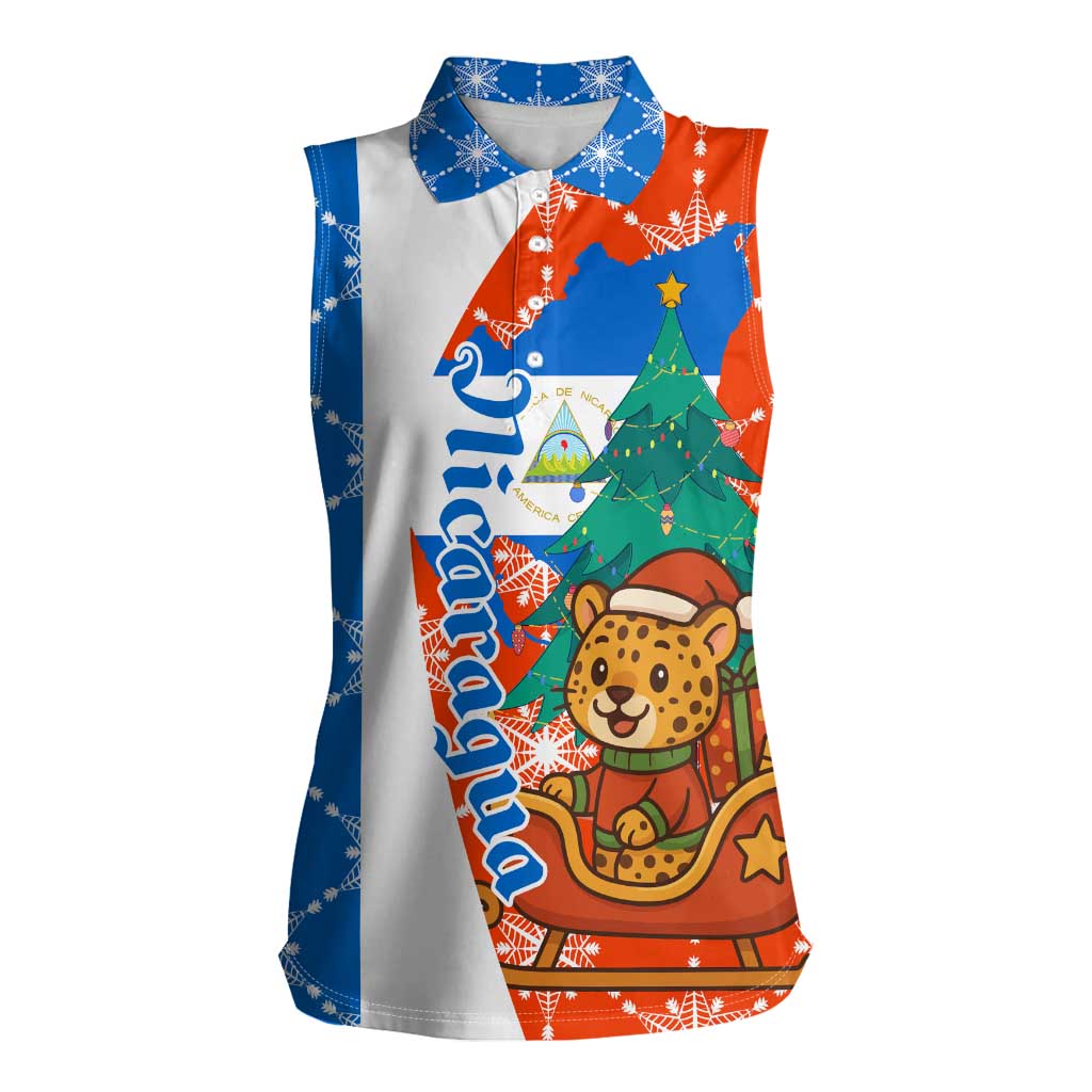 Nicaragua Christmas Women Sleeveless Polo Shirt with Jaguar in Sleigh Christmas Tree Snowflakes and Flag Colors Design - Wonder Print Shop