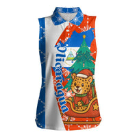 Nicaragua Christmas Women Sleeveless Polo Shirt with Jaguar in Sleigh Christmas Tree Snowflakes and Flag Colors Design - Wonder Print Shop