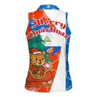 Nicaragua Christmas Women Sleeveless Polo Shirt with Jaguar in Sleigh Christmas Tree Snowflakes and Flag Colors Design - Wonder Print Shop